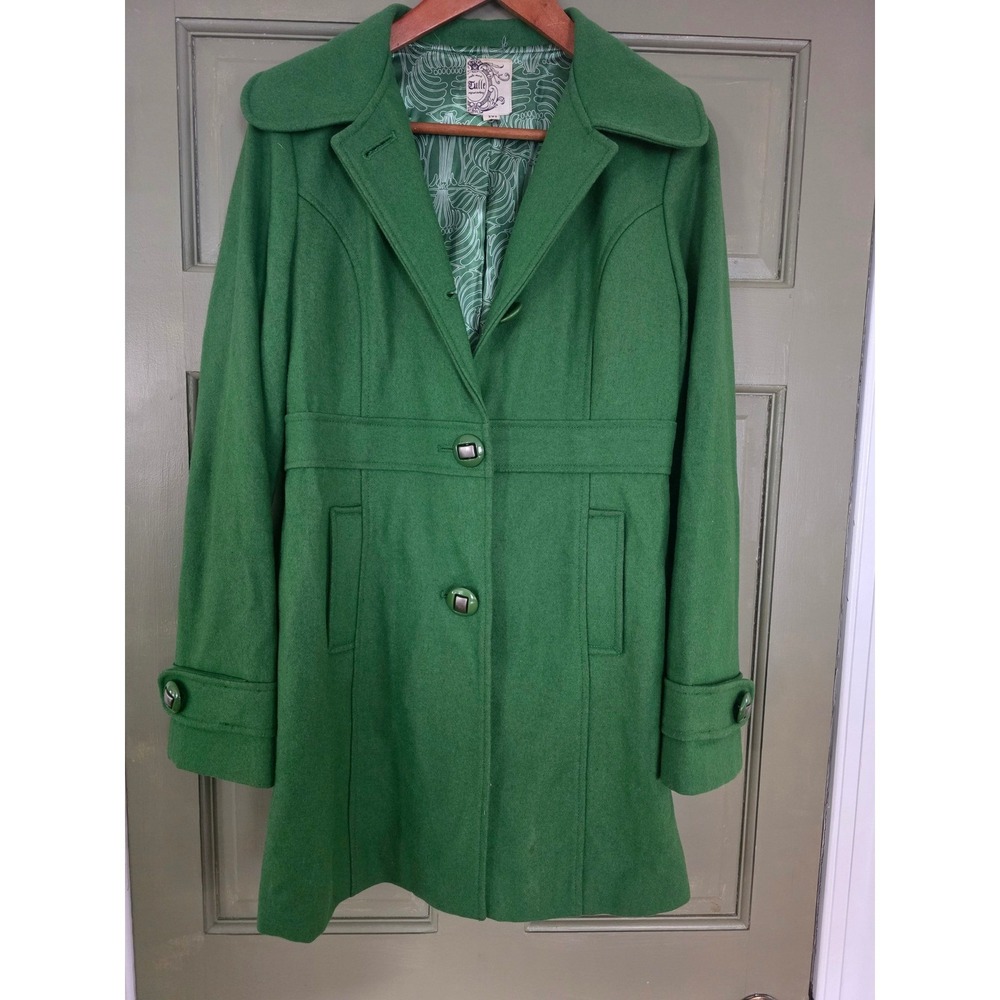 Tulle Womens wool Green Pea Coat Wide Collar Empire Waist Botanical Lining Sz M